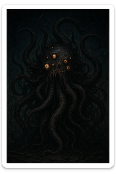 eldritch horror, monstrous, tentacles, many eyes, cosmic terror, grotesque, unsettling, horror style sticker