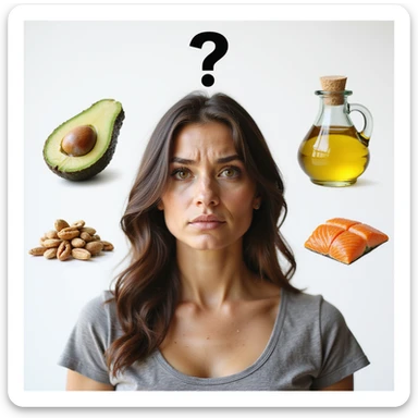 realistic woman with confused expression, slightly changed face position, surrounded by realistic icons of healthy fats (avocado, olive oil, nuts, salmon), question mark above head, hyperrealistic details, natural light, PNG without background, variant 5 sticker