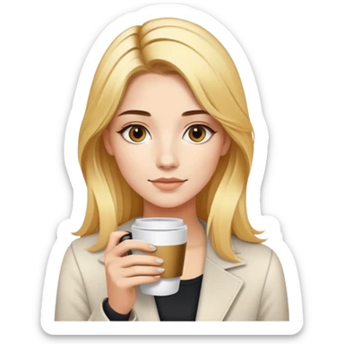 Young woman with golden hairs with dark roots holding a cup of coffee and iqos sticker