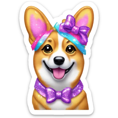 Lisa frank glitter corgi with bows on head sticker