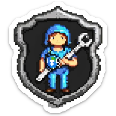 Shield-shaped badge with pixel art person holding car wrench key, colorful IT support design sticker
