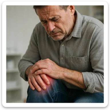 realistic image of a man with joint problems, showing discomfort in his knees or hands, medical and respectful context, no explicit details sticker