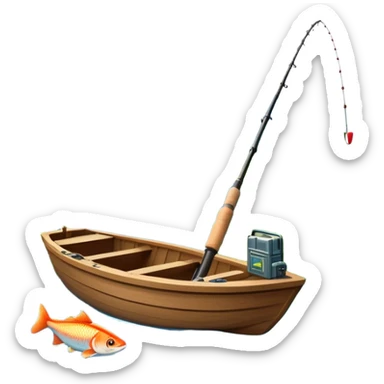 Icon for Fishing Travel: a boat on a calm lake surrounded by mountains and lush greenery, with fish jumping out of the water, a fishing rod, tackle box. The icon should capture the peaceful and adventurous nature of fishing trips. Transparent background. sticker
