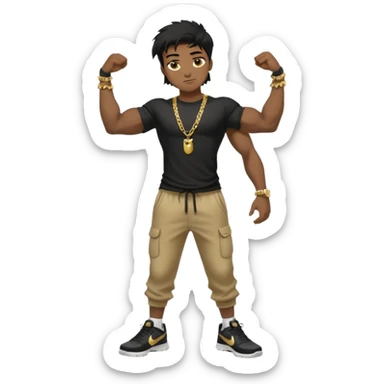 full body view of muscular teen boy with veiny hands arms and biceps. has messy black hair with dark-tan skintone with black tshirt. has gold chain and nike shoes with baggy pants sticker