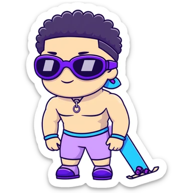 shirtless male athlete with white skin and moderately curly black hair on top with shaved sides, wearing purple ski goggles with black tinted lenses, and a simple plain black chain necklace, no earrings sticker