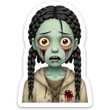 make a zombie with a droopy mouth girl with black knotless braids  sticker