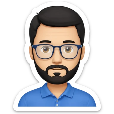 A tanned bearded man with black hair wearing glasses and a blue polo sticker