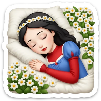 snow white sleeping in a bed full of flowers top view sticker