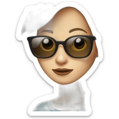 pale skin middle brown long thin hair woman with funny sunglasses behind a laptop with a coffee sticker in it sticker
