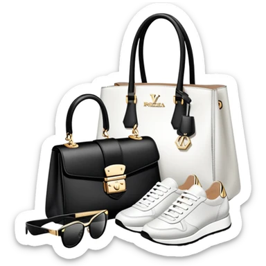 1 bag and 1 watch, and 1 glasses, 1 pair of shoes, and 1 rolex, all BLACK AND WHITE AND SILVER OR WHITE PLATED GOLD put together like a bundle with no face, all luxury items like lv and prada, and rolex, and balenciaga sticker