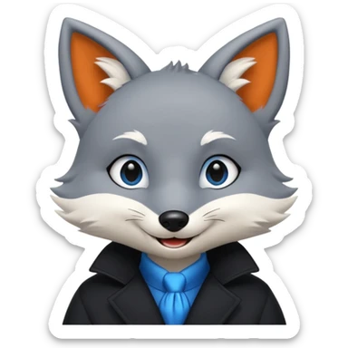 Grey anthropomorphic furry fox with a black coat, blue eyes, and a small fringe of black hair, smiling sticker