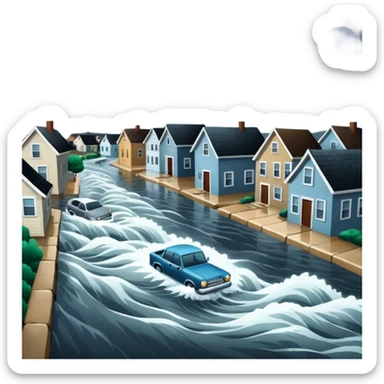showing a flood disaster scene with strong water waves overflowing streets, partially submerged houses and cars, dark cloudy sky sticker