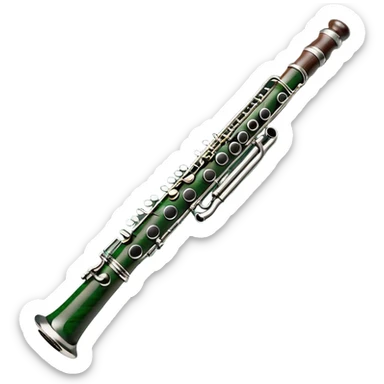 Create an elegant and refined emoji representing the Buffet Crampon Legende Green Line A clarinet. The design should showcase the sleek, dark wood finish of the clarinet with its shiny metal keys and elegant detailing. Include the distinct, high-quality features of the Green Line model, such as the unique greenish tint of the wood, giving it a modern and sophisticated look. Add subtle elements like the mouthpiece with the reed, emphasizing its importance in sound production. Use dark tones like ebony, silver for the keys, and soft light reflections to evoke a professional, classical feel. The background should be transparent. sticker