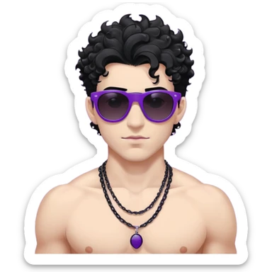 shirtless male athlete with white skin and moderately curly black hair on top with shaved sides, wearing purple sunglasses with very dark heavily tinted black lenses that completely hide the eyes, and a plain black chain necklace sticker