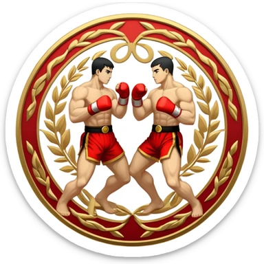 Round emblem symbolizing striking martial arts. The emblem features two fighters in dynamic stances, one delivering a powerful punch while the other defends with a block. In the center, a stylized fist and foot crossed to represent the essence of striking.  sticker