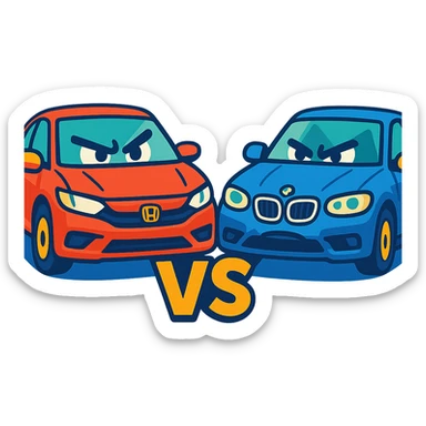 Honda and BMW cars in a fun face-off, vibrant colors sticker