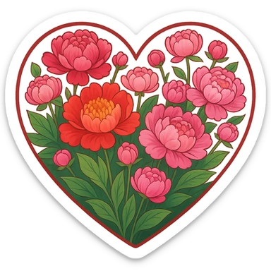 heart with a vibrant peony garden, clean digital illustration, remove background sticker