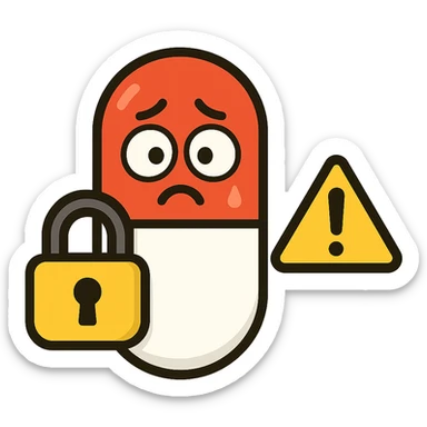 flat toon style cartoon icon of a red medicine capsule with a padlock, anxious eyes, warning sign sticker