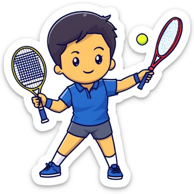 light brown skinned tennis coach, short straight black hair with widow's peak, oval face, small eyes, smiling, holding blue Yonex racket, wearing navy blue dry fit shirt sticker