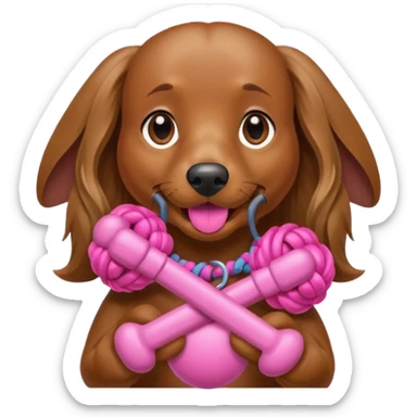 Brown long haired weiner dog holding pink monkey fist weapons in her mouth sticker