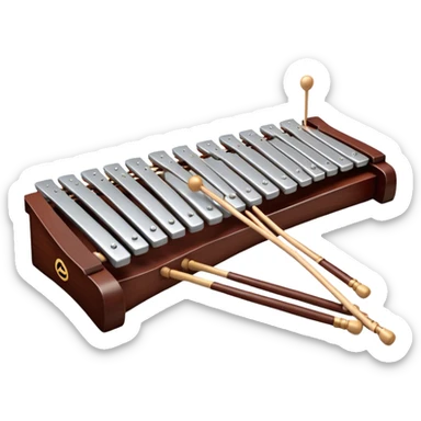 Create a detailed and professional emoji representing a Fleet FLT-SX37 long orchestral wooden xylophone. The design should showcase the large wooden bars of the xylophone, arranged in a traditional setup, with soft metallic accents on the mallets. The bars should have a rich wood texture, with polished details to reflect the quality of the instrument. The mallets should be held above the bars, with the heads clearly visible. Use warm, rich wood tones like mahogany and light brown, with silver or metallic accents for the mallets. Add subtle musical notes floating above the xylophone to emphasize its melodic sound. The background should be transparent. sticker