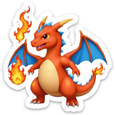 cute minimalistic red charizard pokemon throwhing flames 2 horns, blue wings only on the inside part sticker