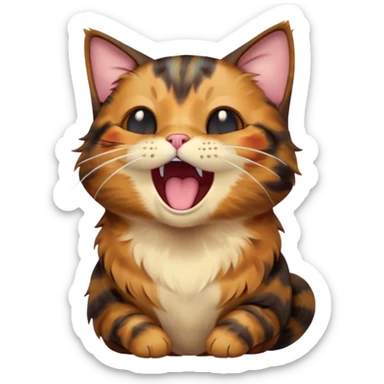 Cinematic Cute Yawning Tortoiseshell Cat Portrait Emoji, Head slightly tilted with a wide, adorable yawn and half-closed, dreamy eyes, featuring a warm, mottled fur of rich browns and blacks, simplified yet irresistibly cute, highly detailed, glowing with a soft, slumbering radiance, high shine, exuding a relaxed, drowsy charm, styled with a gentle, soft glowing outline, capturing the essence of a tortoiseshell cat in a precious moment of sleepy delight! sticker