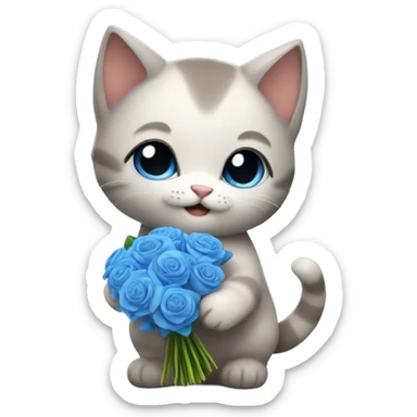 a fat kitten holding a blue bouquet of flowers sticker