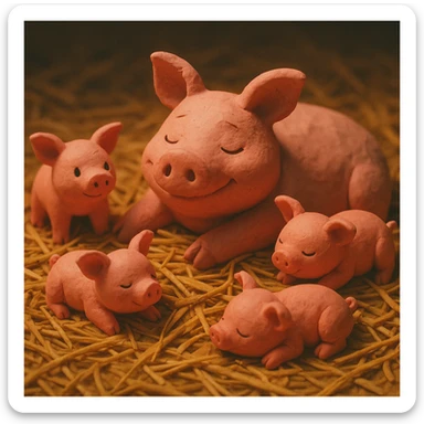 claymation style mother pig lying in straw with piglets around her, soft lighting, vibrant and cute sticker