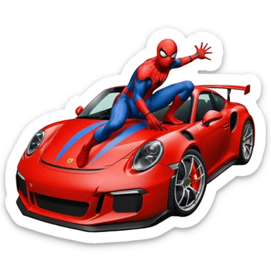 Die-cut sticker of Spider-Man sitting on a Porsche 911 GT3 RS, bold vector art, thick white border, isolated on green hilly background. sticker