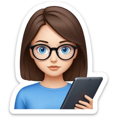 
girl with medium-length brown hair, fair skin and blue eyes in black rounded glasses with a graphics tablet sticker