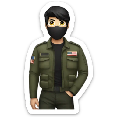 Poker face man, black hair and black mouth mask and black military pants sticker