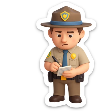 Make the game warden a white male with brown hair, writing a ticket for a wildlife law infraction, no background, keep the 3D emoji style look. sticker