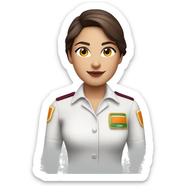 brunette green eyes cabin crew member in white shirt and burgundy uniform with orange inserts sticker