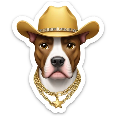 Draw a picture of a pitbull with a gold chain on and a cowboy hat, and his gold chain says cowboy hanging from it sticker