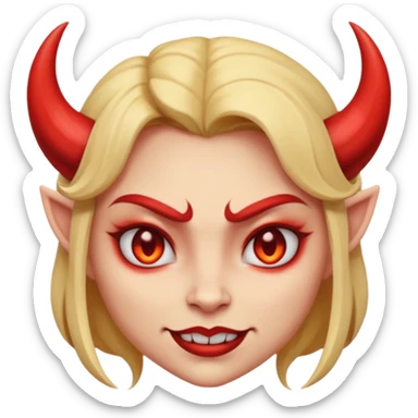  woman Demon cartoon emoji character, head and shoulders included (chest-up crop), centered face, confident and edgy expression, sharp eyes, subtle smirk, small curved horns, clean stylized face, not cute, not scary, modern emoji-style illustration, bold colors, smooth shading, high readability sticker