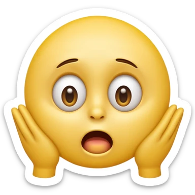 A 3D glossy yellow emoji face with a horrified expression, only large wide-open eyes, wide-open mouth, raised eyebrows, no nose, hands against its cheeks, vector style, black background, high quality, soft studio lighting sticker