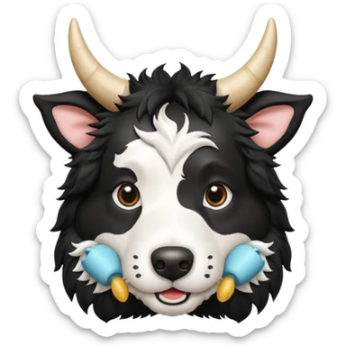 A black and white border collie has a cow's horns. sticker