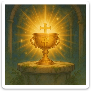Add a golden cross to the holy grail, keep the ghibli style and divine light, preserve the background. sticker