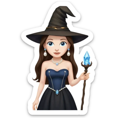 woman brunette, very large breasts, pale skin, blue eyes, long brown hair, black strapless dress, witch hat, pearl earrings, smirking, in black heels, standing, head to toe, full body, zoomed out, entire outfit visible sticker