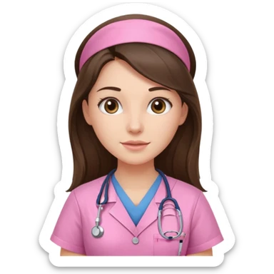 pretty brunette nurse with long hair in pink scrubs sticker