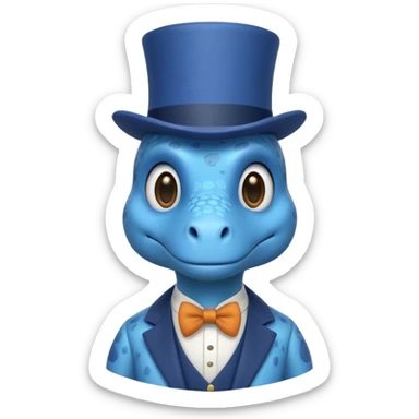 A flat blue dinosaur like 🦕 with monocle and tophat sticker