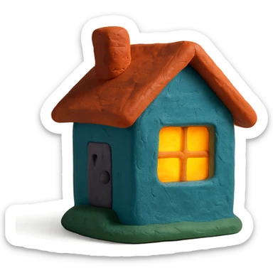 a small house with a lit window representing lodging in claymation style sticker