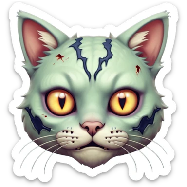 zombie cat portrait, head and shoulders only, pale fur, cracked skin patches, eerie glowing eyes, mischievous undead vibe, 3D cartoon, mobile game icon style, clean background, no text, no watermark
 sticker