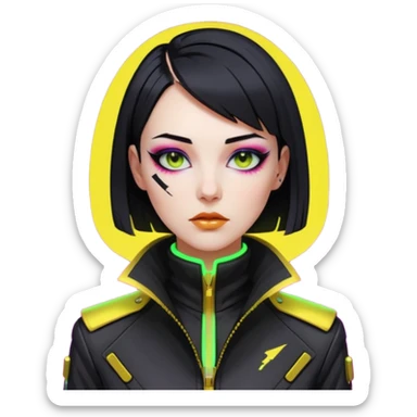 Cyberpunk woman, sleek black bob, gold neck cyberware, sharp eyeliner, high-collar designer jacket, neon lighting sticker