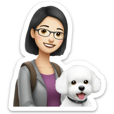 A cute and happy bichon frise with an Asian woman at the airport  sticker