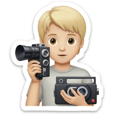 boy with medium blonde hair holding a VHS camera sticker