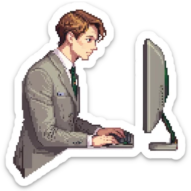 hombre con vestimenta semi-formal, de perfil, frente a una computadora en una mesa sencilla sticker