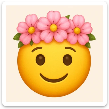 yellow face with pink flower crown emoji, digital illustration sticker