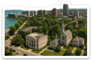 cinematic realistic emoji of Evanston, Illinois, panoramic cityscape with Northwestern University campus, Lake Michigan, downtown Evanston, Sigma Chi International Fraternity Headquarters, Levere Memorial Chapel (Sigma Alpha Epsilon HQ), lifelike detail, accurate colors, bright daylight, no sky, no clouds, transparent background sticker